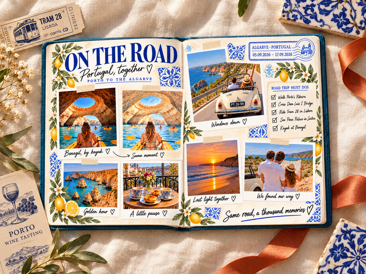 Europe travel photo book open to On the Road, with the Benagil cave by kayak, a vintage car and a Porto wine tasting ticket