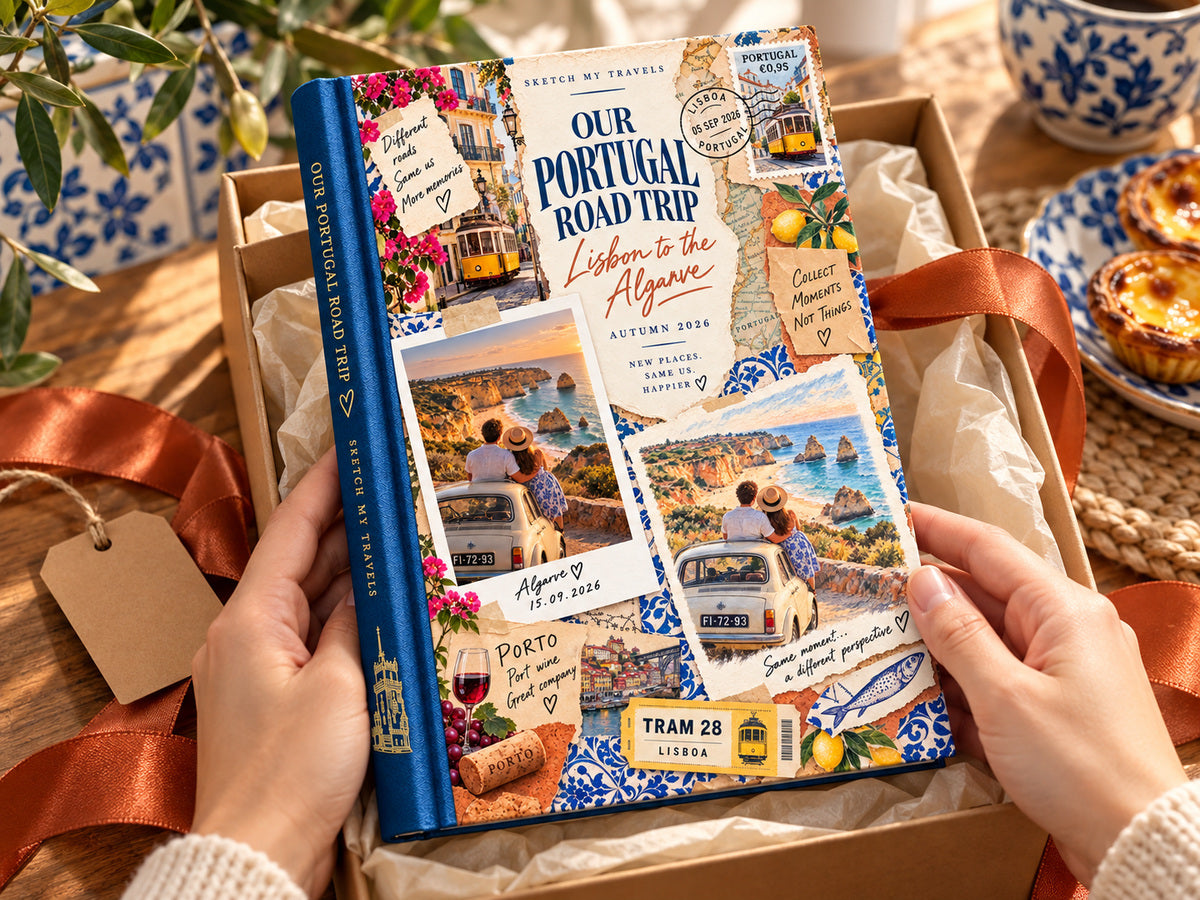 Couples photo book gift: Our Portugal Road Trip photo book unboxed with pastéis de nata and orange ribbon