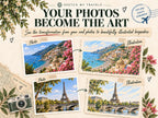 Your photos become the art: original photos next to their colored-pencil-style illustrations