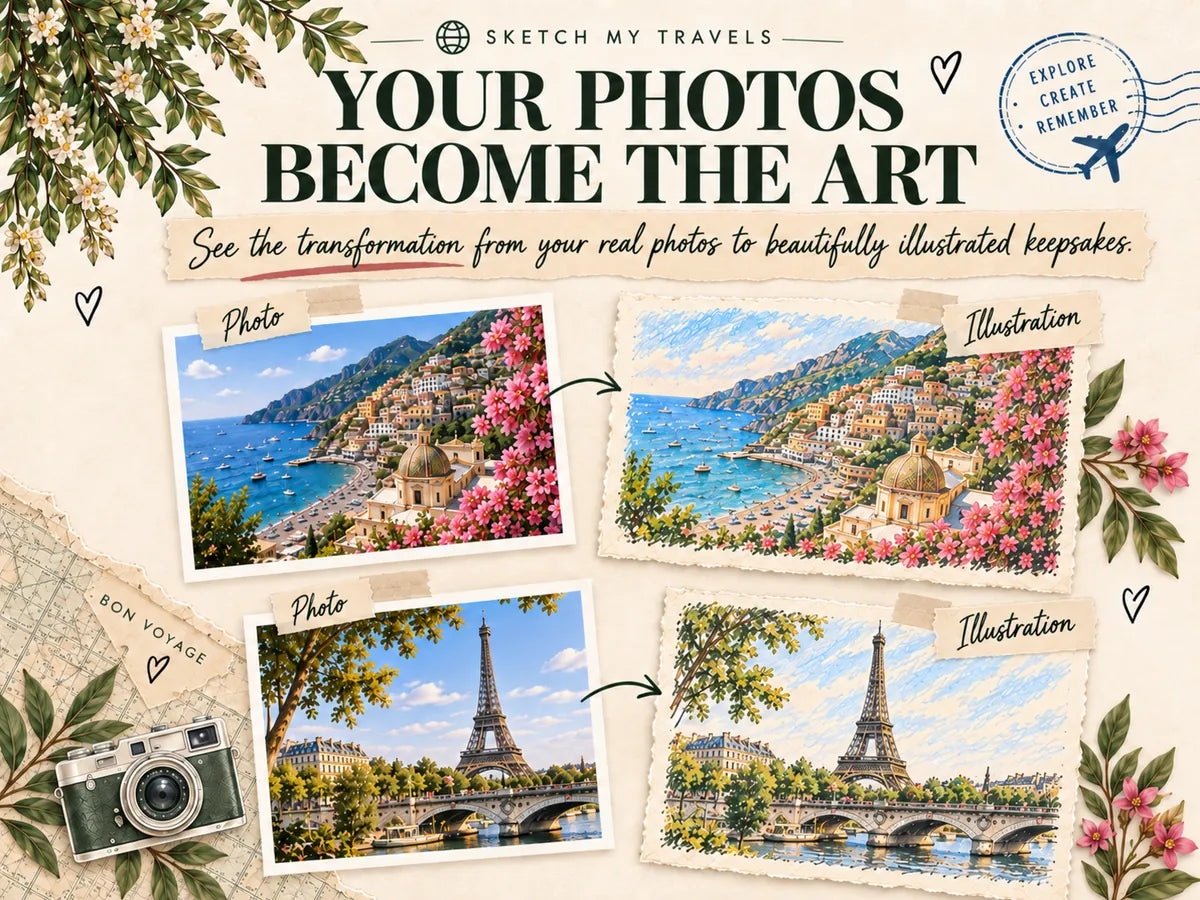 Your photos become the art: original photos next to their colored-pencil-style illustrations