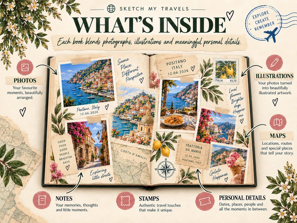 What's inside: photos, illustrations, notes, maps, stamps and personal details