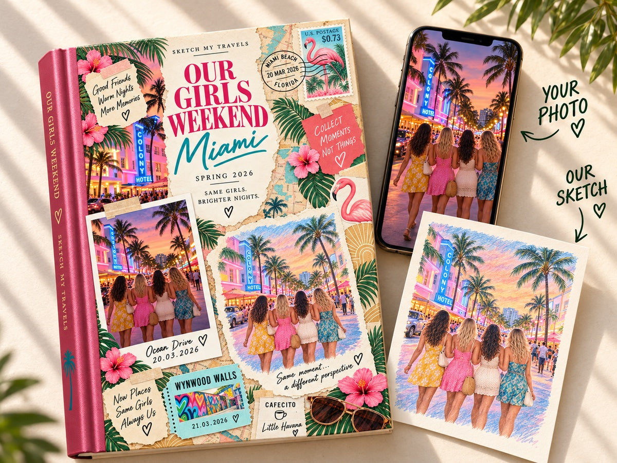 Travel photo book Miami: Our Girls Weekend cover with an Ocean Drive phone photo next to its colored-pencil sketch