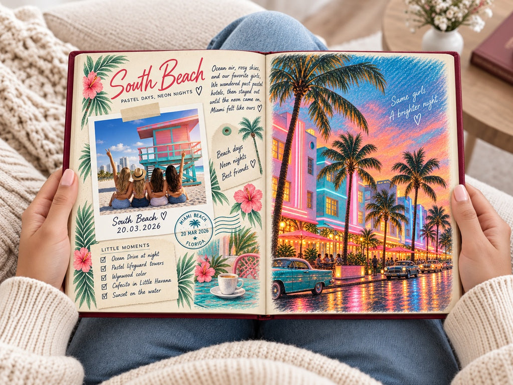 Reading the girls trip memory book: South Beach lifeguard tower photo and an illustrated Ocean Drive at night