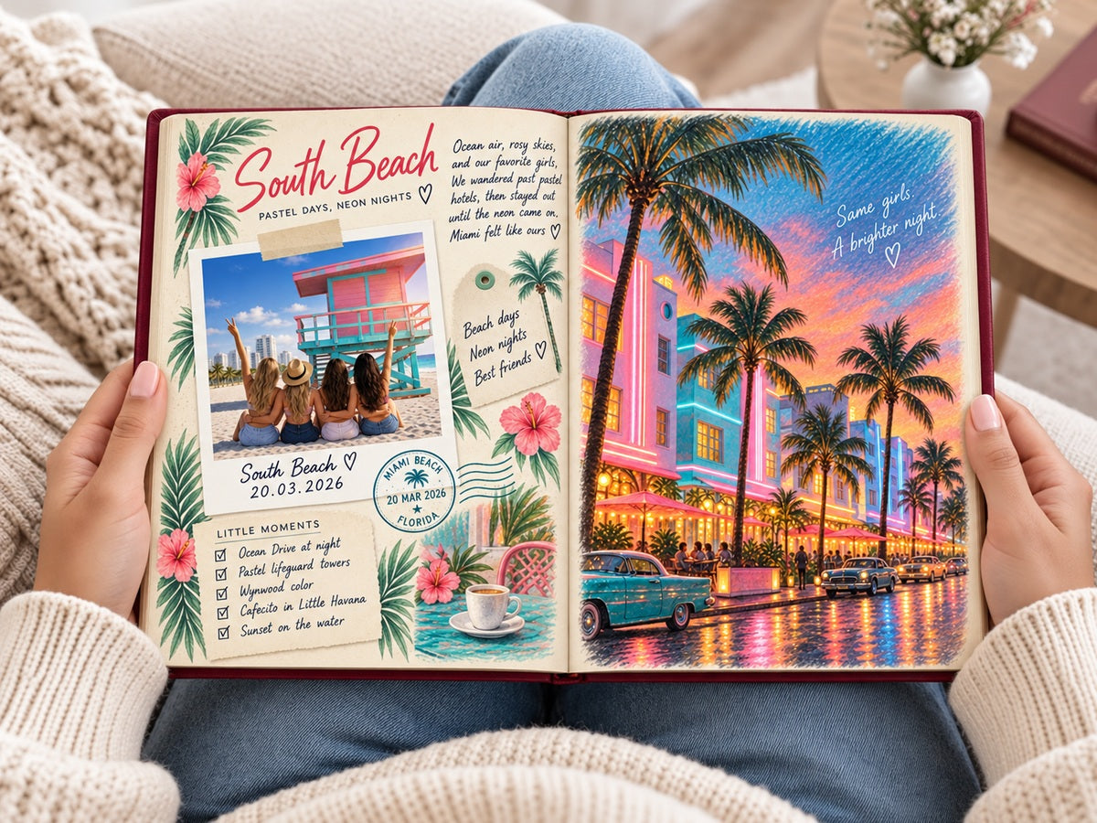 Reading the girls trip memory book: South Beach lifeguard tower photo and an illustrated Ocean Drive at night