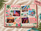Destination photo book open to Miami Nights, with Wynwood murals, a rooftop sunset and a cafecito receipt
