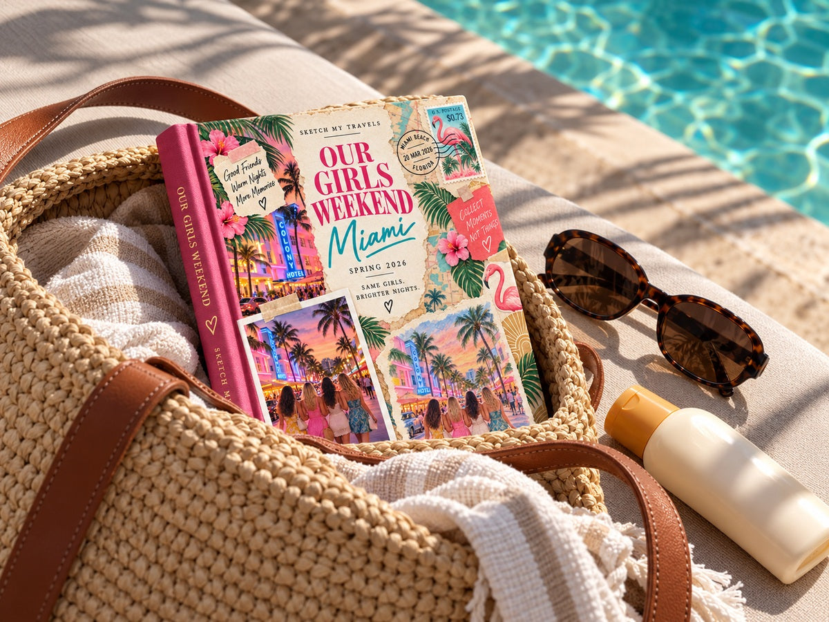 Vacation photo book in a straw beach bag by the pool with sunglasses and sunscreen