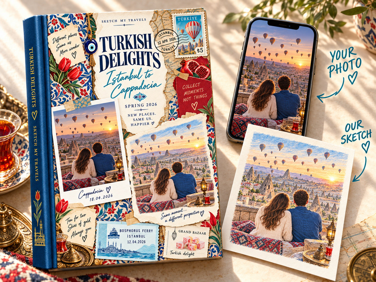 Turkish Delights couples travel photo book with a Cappadocia photo on a phone next to its colored-pencil sketch