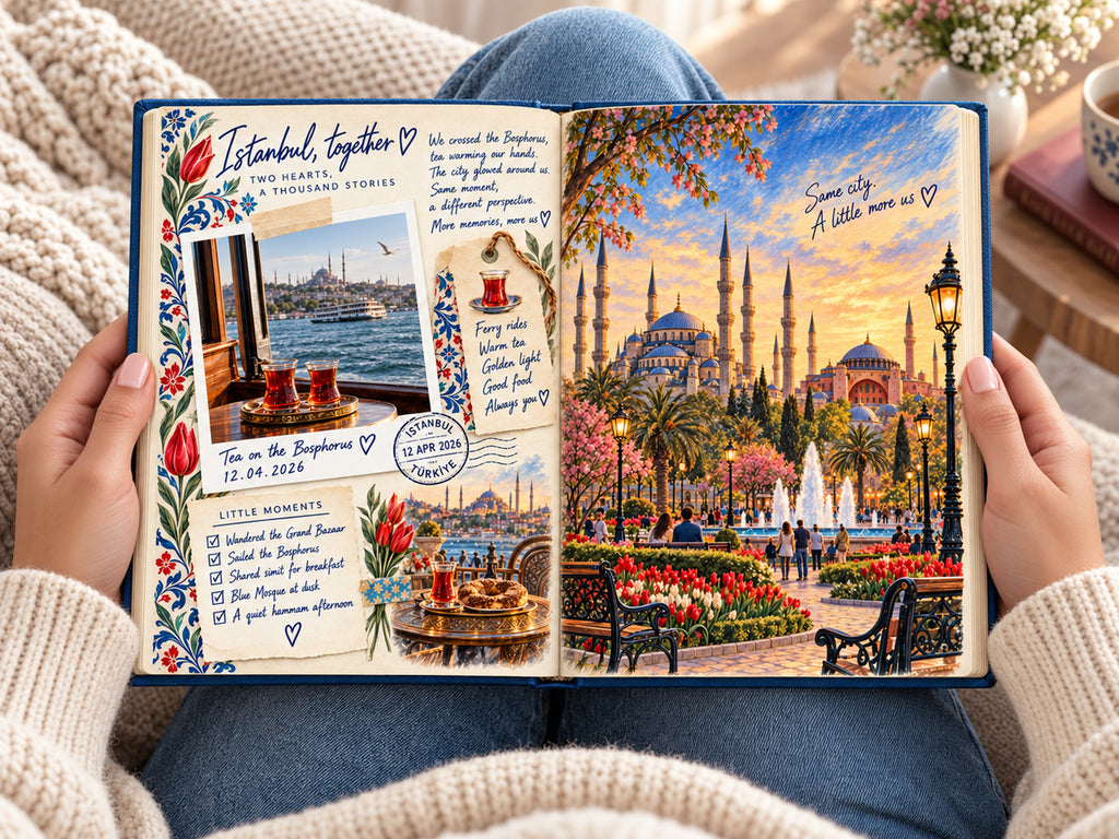 Reading the travel photo book Turkey pages: tea on the Bosphorus and an illustrated Blue Mosque