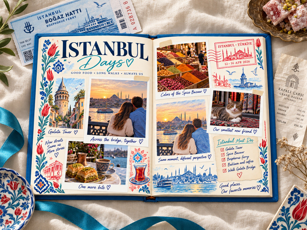 Destination photo book open to Istanbul Days, with a Bosphorus ferry ticket and Turkish delight