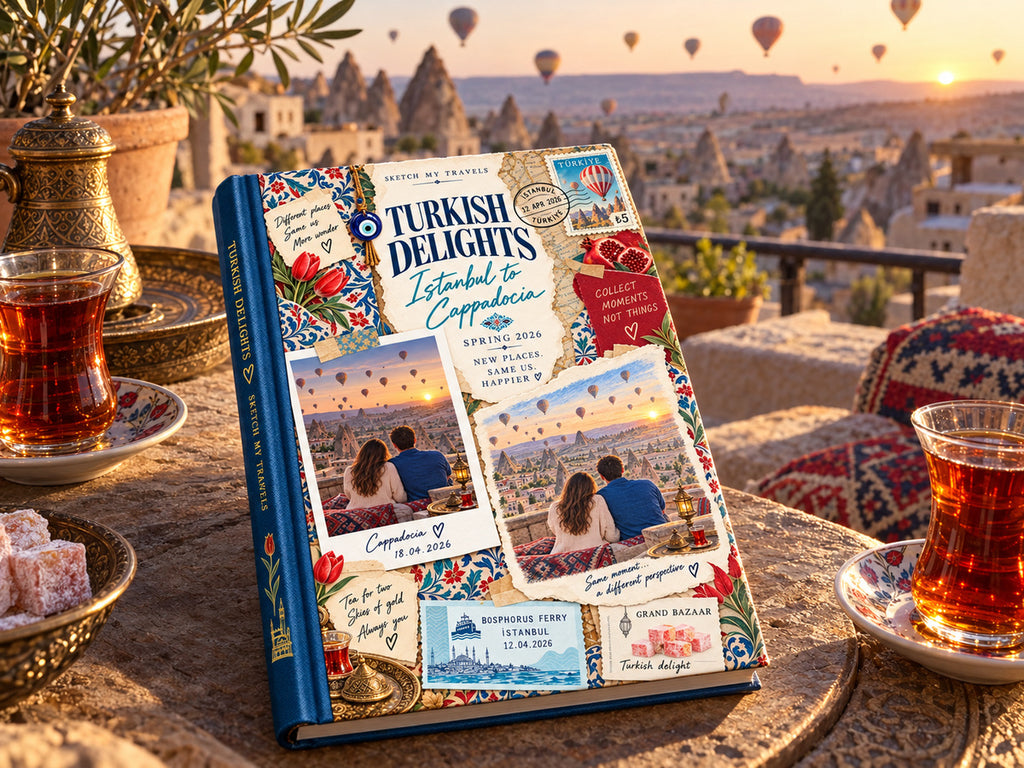 Couples photo book on a Cappadocia terrace with Turkish tea and hot air balloons at sunrise