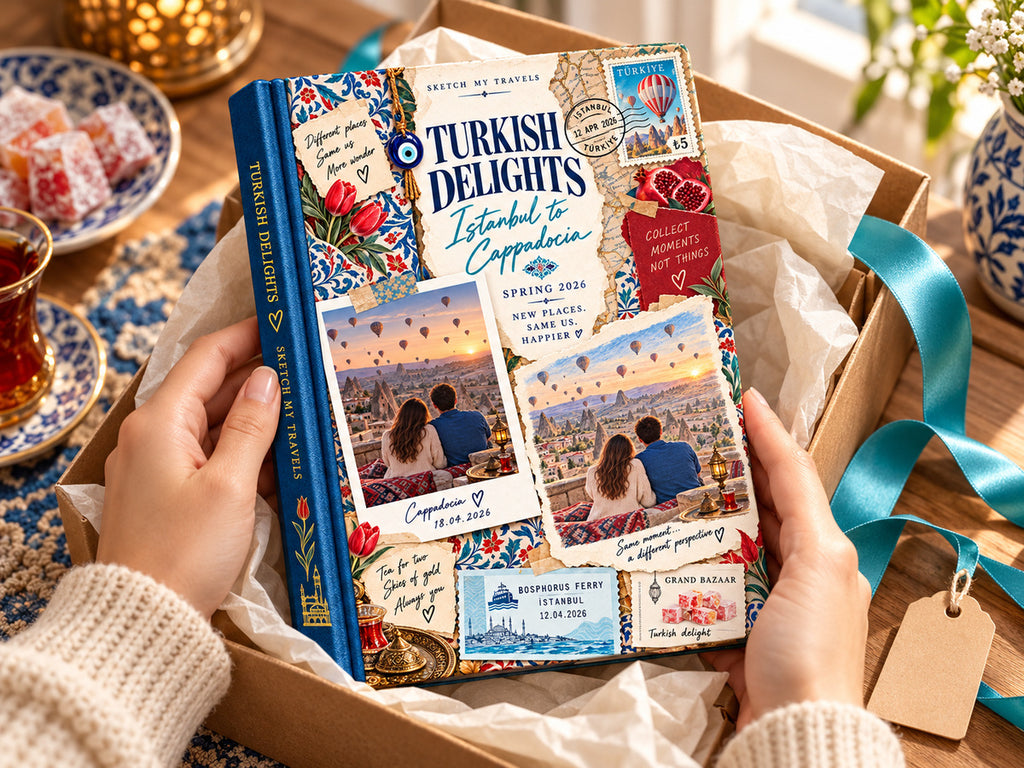 Couples photo book gift: Turkish Delights travel memory book unboxed from tissue paper